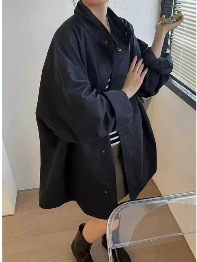 2024 Spring Wear Korean Thin Lazy Style Stand up Neck Loose and Casual Long sleeved Mid length Windbreaker Coat for Women KL9VX240921