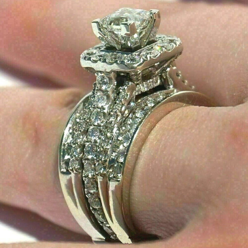 Handmade Wedding Rings: 3PCS Princess Cut White Topaz Bridal Jewelry Set