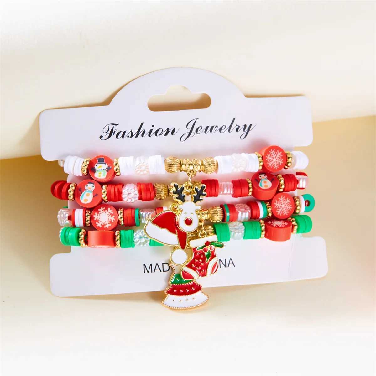 4Pc/Set Merry Christmas Tree Santa Claus Bracelet For Women Xmas Deer Crystal Polymer Clay Beads Woven Bracelet New Year JewelryX240921