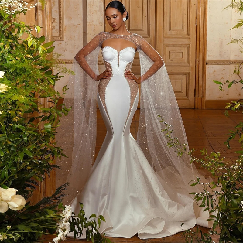 Glitter Mermaid Wedding Dresses With Cape Beaded Sweetheart Boho Bridal Dress 2025 Amazing Soft Satin Country Garden Dubai Bride Vestidos Novias Boda 