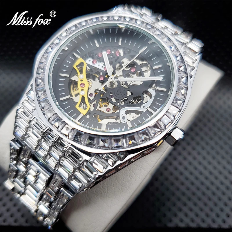 Skeleton Watch with Baguette Bezel Bracelet Mechanical Men Wristwatches Top Diamond Ice Out Automatic Watches 240909