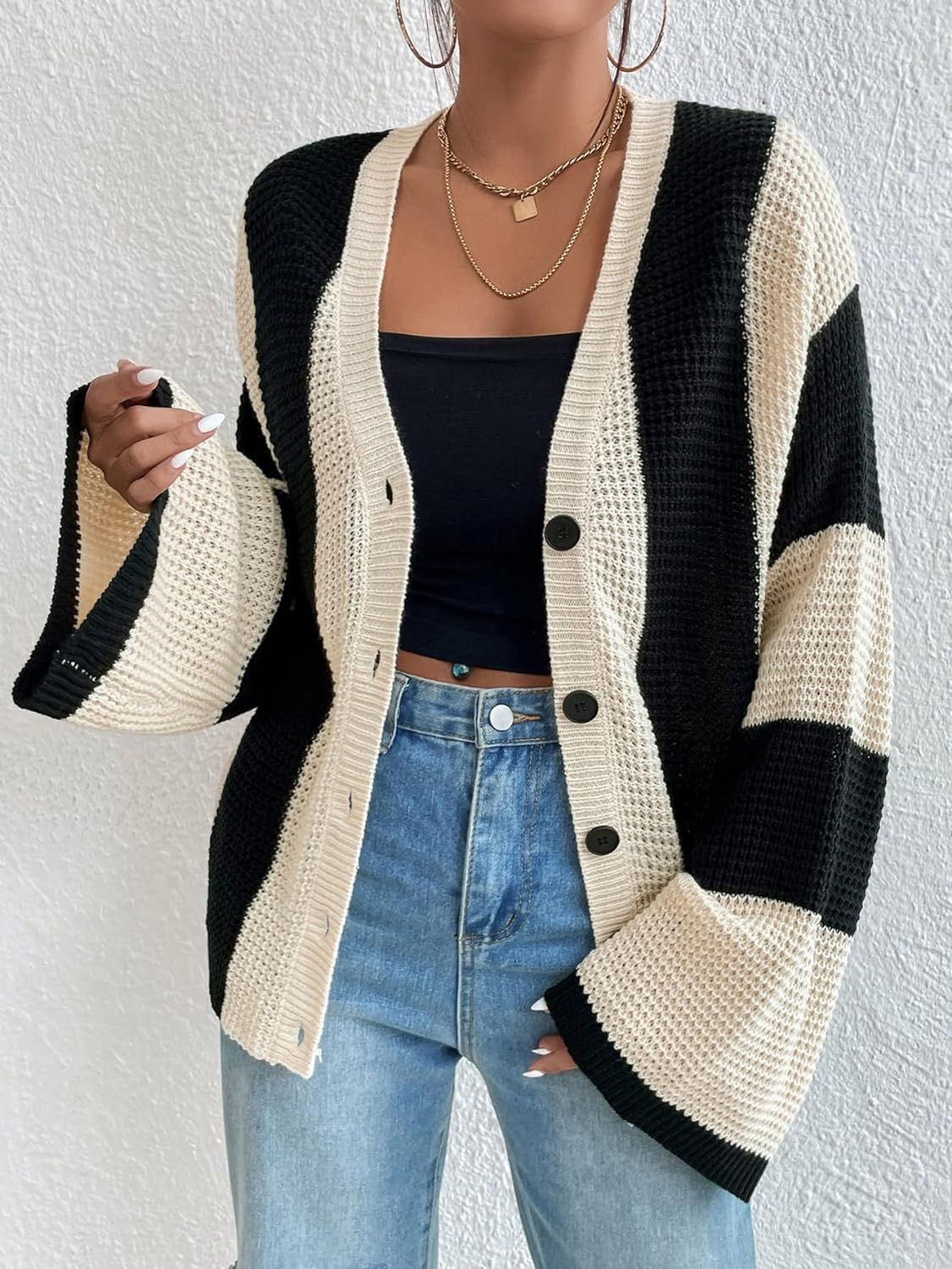 European and American fashion new autumn and winter women's clothing striped contrasting trumpet sleeve knitted cardigan loose sweater jacket
