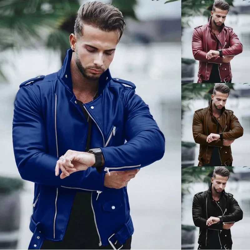 New autumn and winter mens Pu leather jacket oversized stand up collar fashionable slim fit zipper leather jacket W240918