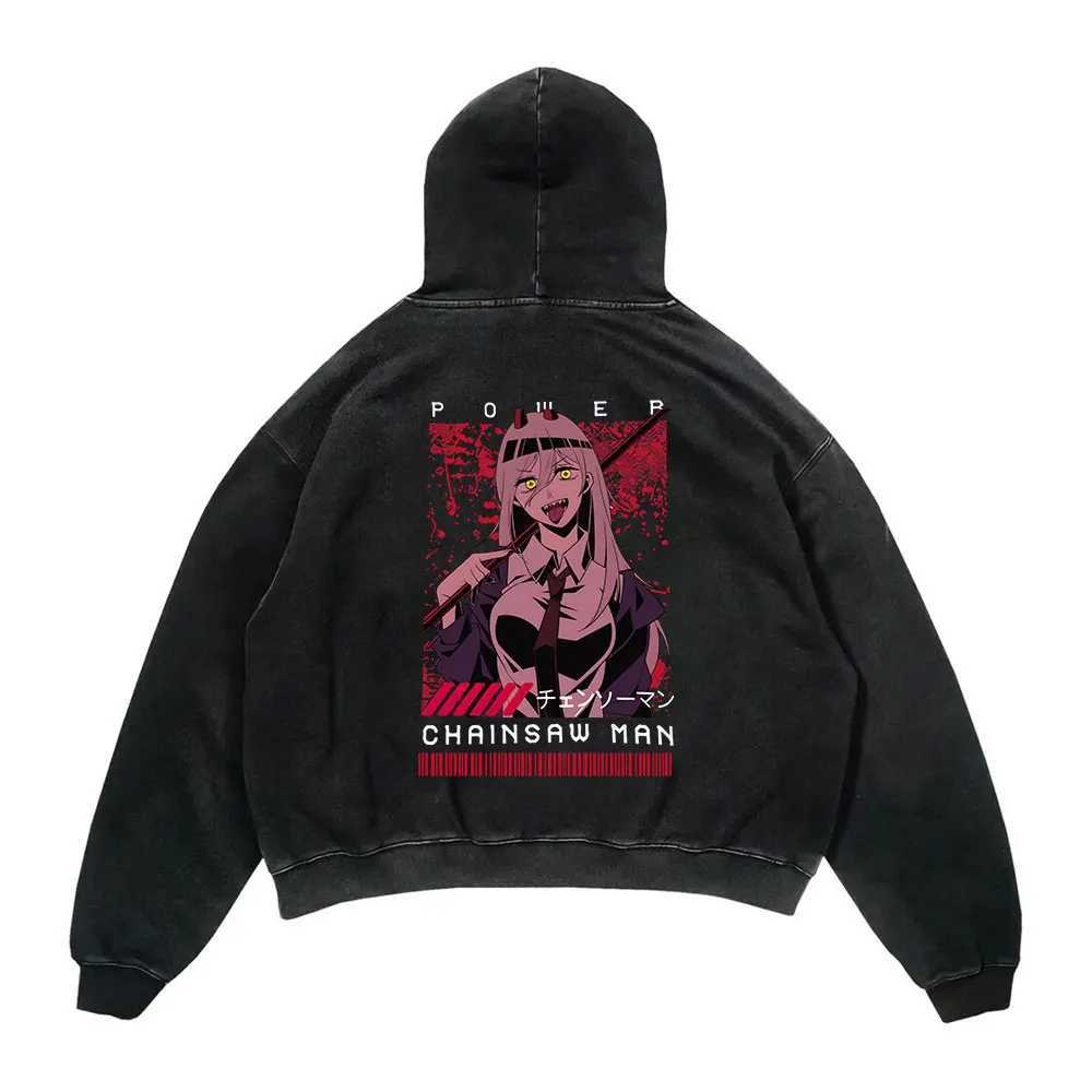 Anime chainsaw mens retro washed hooded sweatshirt black Danji print retro W240921