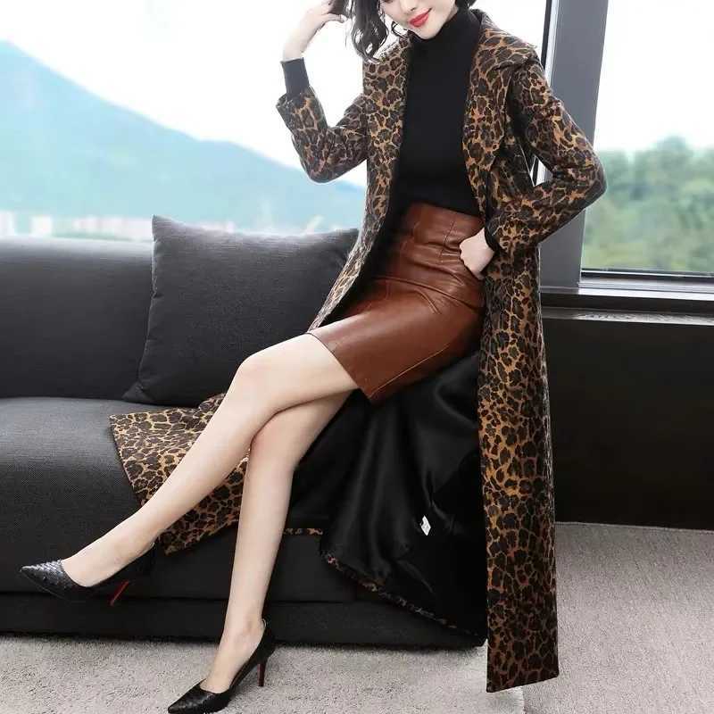 High End Fashion Leopard Coat Women Spring Autumn Korean Slim Long Trench Coat Female Windbreaker With Belt Mother Outwear 4XLX240921