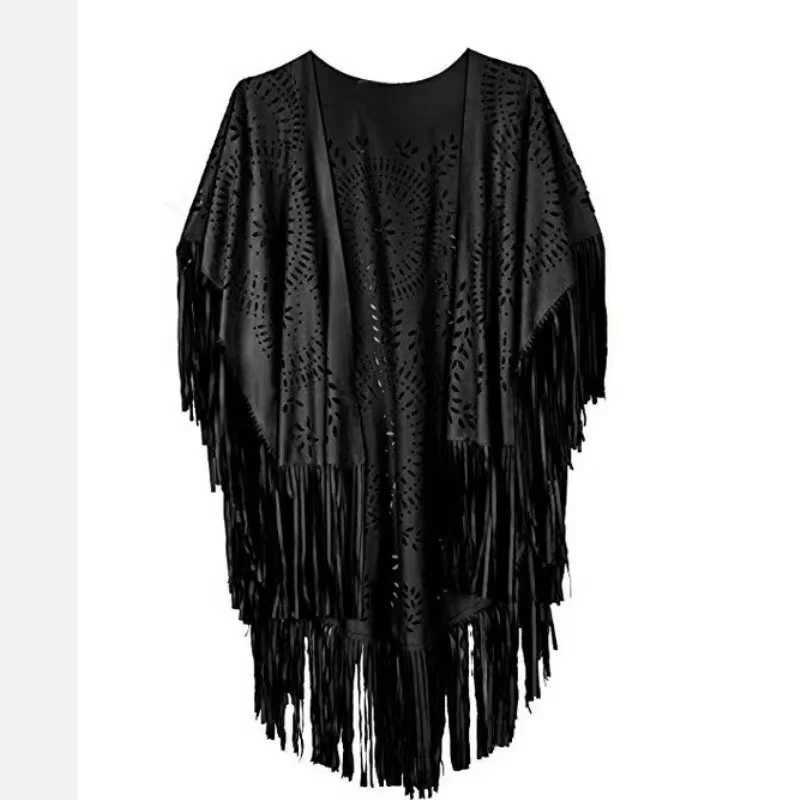 Camel suede flower hollow edge tassel shawl womens retro shawl raincoat autumn bohemian open cape bohemian shawl W240921