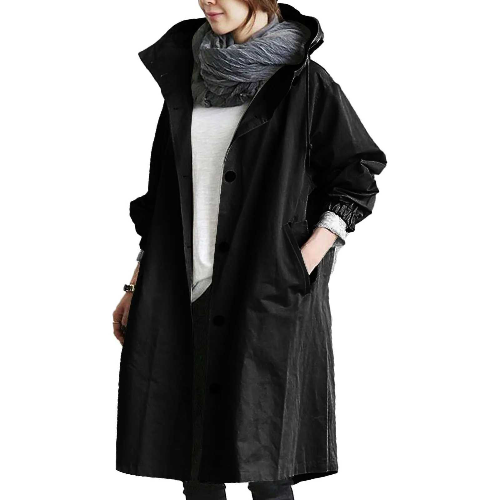 Womens Long Trench Coat with Pocket Hooded Windbreaker Monochromatic Outerwear Female Clothing AutumnX240921