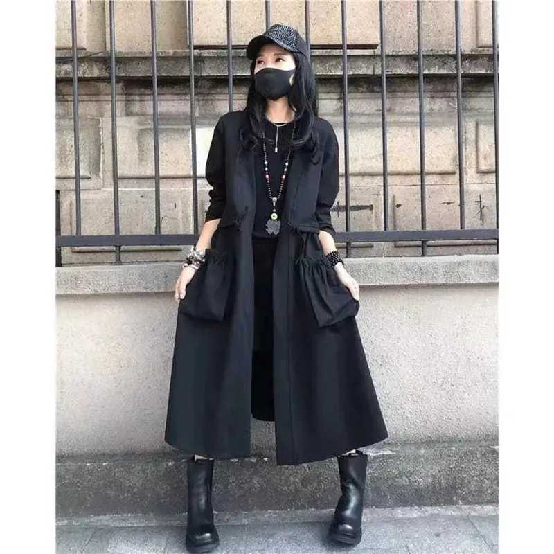 Black Windbreakers Temperament Fashion Women Trench Coat 2023 Spring Autumn New Ladies Jacket Loose Wild Long Female OuterwearX240921