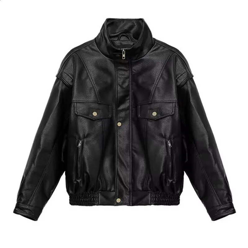 Thick black Pu leather jacket for womens bomber in spring and autumn oversized windproof zipper er motorcycle unisex 240921