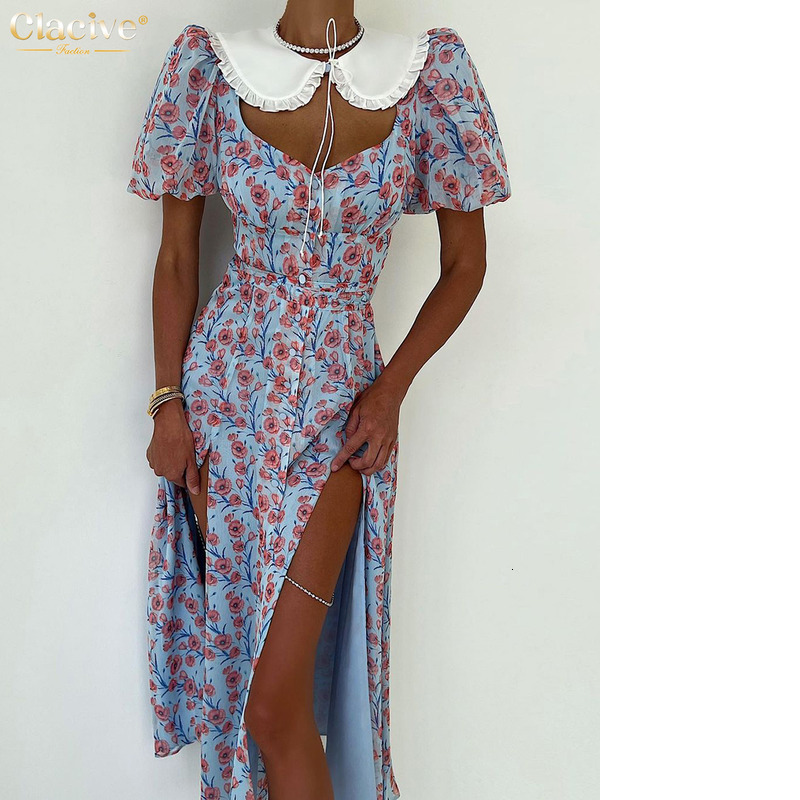 Clacive Summer Slim Print Midi Dress Lady Sexy Elegant Doll Collar Puff Sleeve Single Breasted Slit Party Dresses For Women 2023