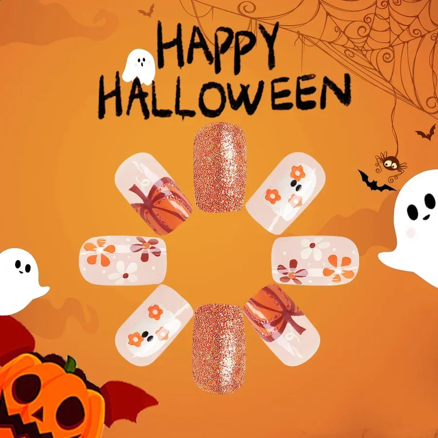 24pcs Cute Ghost Pumpkin Halloween Press-On Nails-Glossy Short Square Fake Nails with Festive False Nail for Women 240914