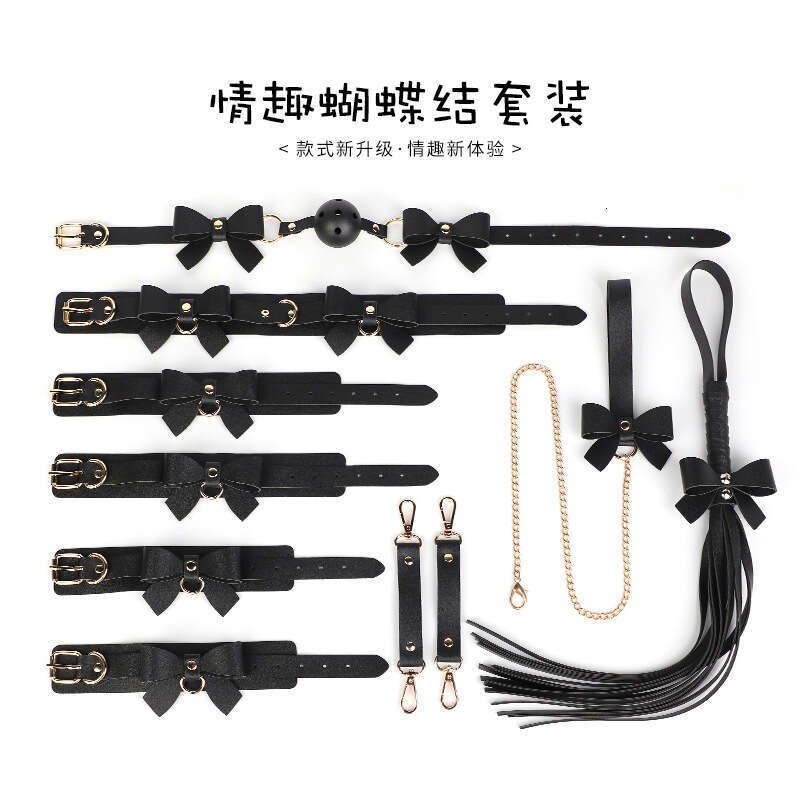 5-piece set of fun SM props set, macaron color butterfly bow, fun collar, women's binding handcuffs SM whip