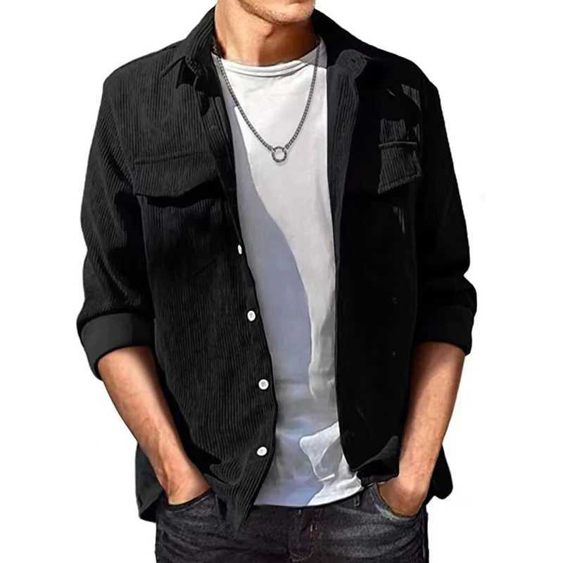 Men Spring Autumn Long Sleeve Corduroy Turndown Collar Double Pockets Shirts Casual Tops Loose Blouse Male Shirts Streetwear M240921