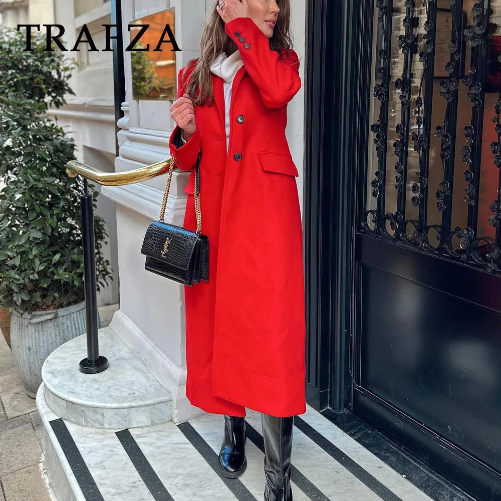 TRAFZA 2024 Autumn Winter Women Casual Long Coats Fashion Streetwear Solid Turn Down Collar Single Breasted Elegant Jackets 240919
