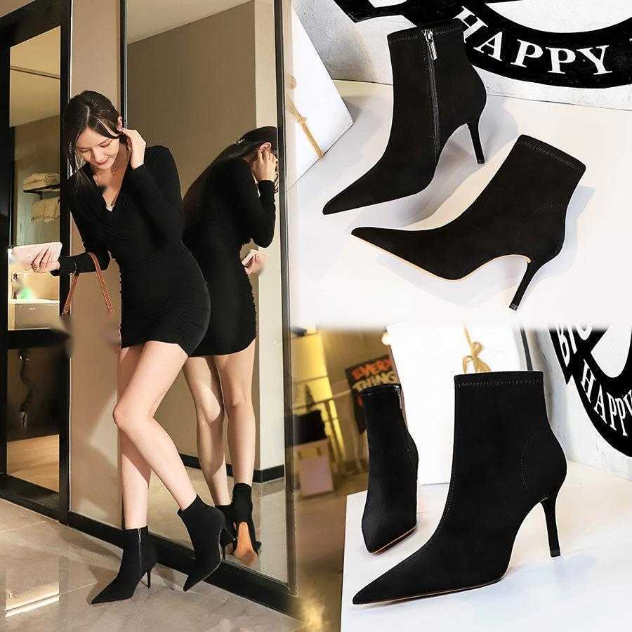 CMM Simple Thin Heel High Heel Suede Pointed Sexy Nightclub Slim High Heel Boots Short Tube Womens Boots