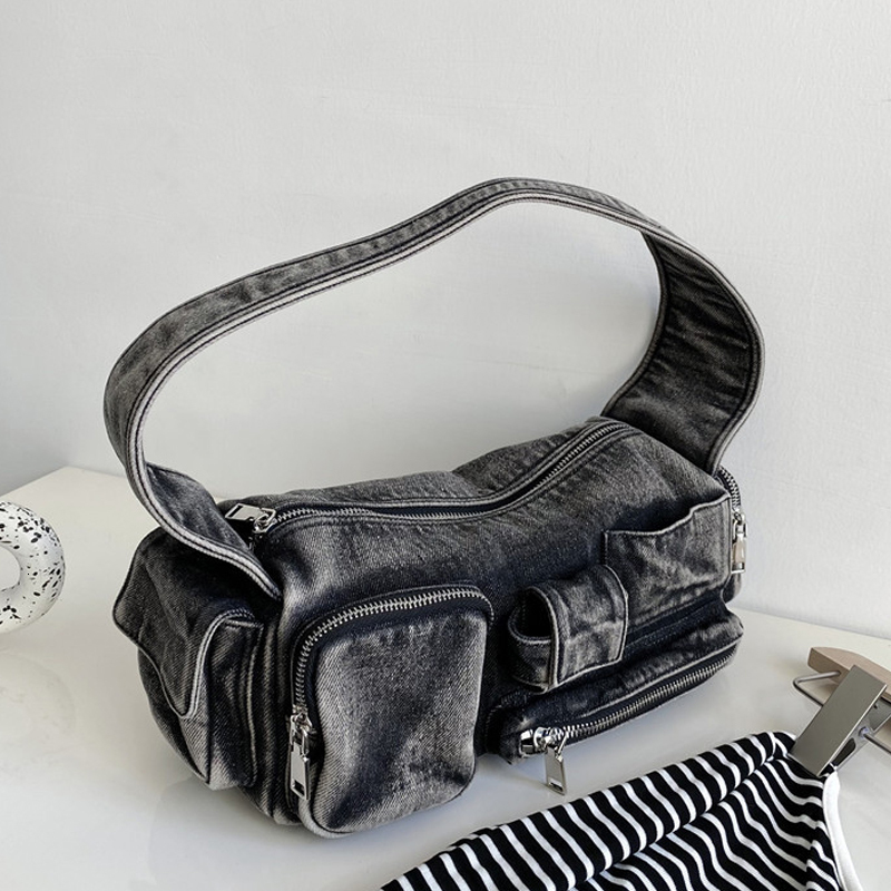 Moto & Biker Pillow Cloth Bags For Women Designer Handbags Purses 2023 New In Denim Washing Y2k Multiple Pockets Shoulder
