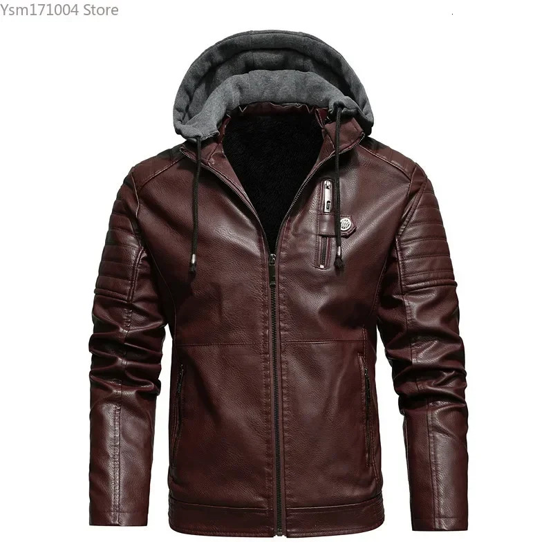 Winter Men's Leather High-Quality Men Cashmere Thicken Warm Street Motorcycle PU Jacket Korean Fashion Mens Hooded Coats