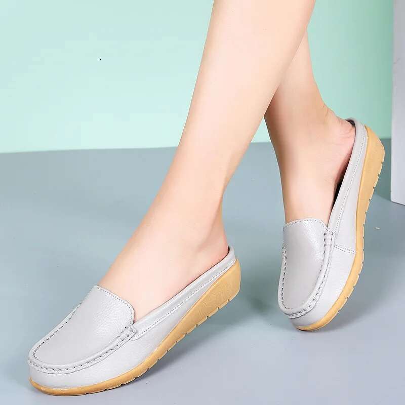 Summer Genuine Women Flats Hollow Slip On Leather Loafers Ladies Shoes Korean Style Soft Moccasins Half Slippers Size 43