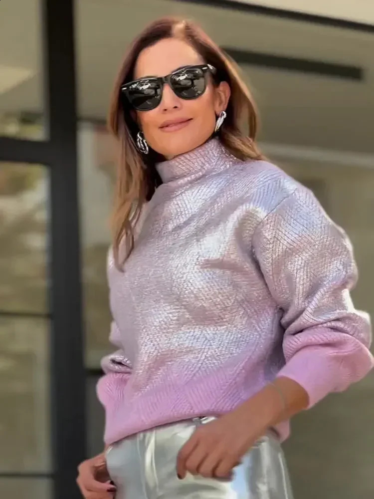 Shiny metal gradient knitted sweater suitable for womens elegant turtle neck long sleeves loose floral autumn Communicating knitting 240921