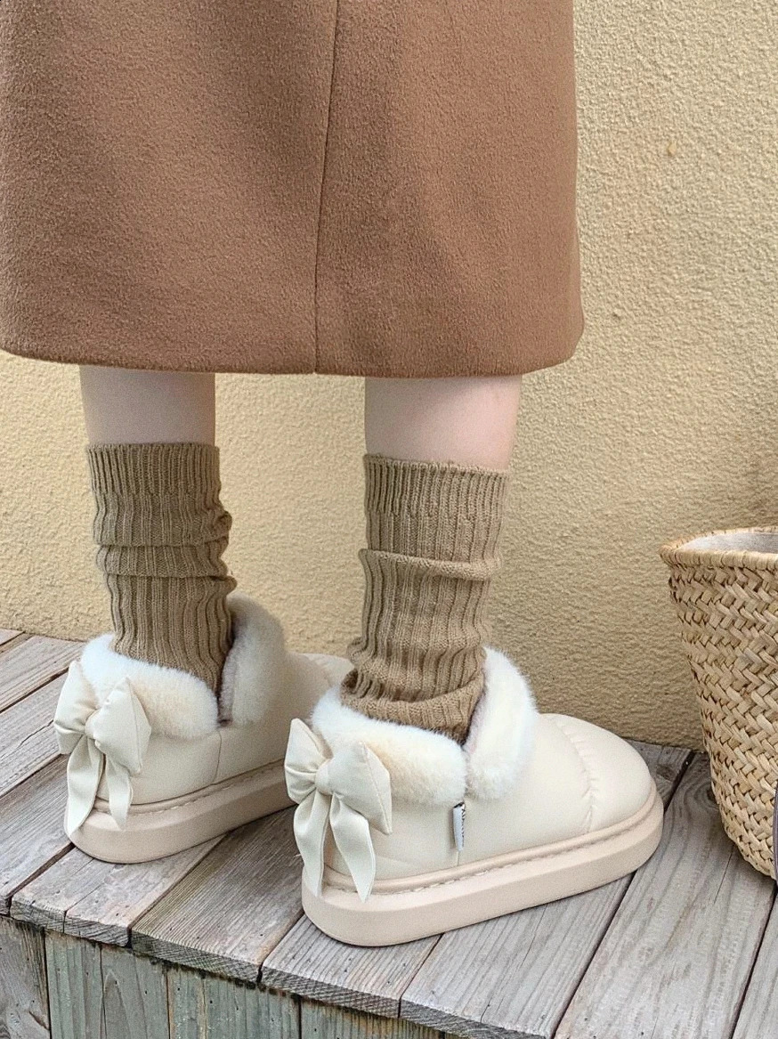 Bow Knot Short Ankle Snow Boots Women Winter Plush And Thick Insulation Waterproof PU Cotton Household Shoes Home Slipper Women 240914