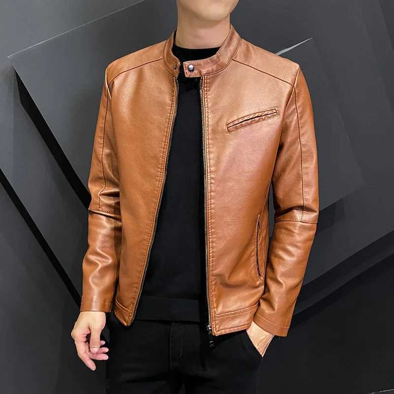 Spring and summer mens jacket casual motorcycle windproof and warm stand collar PU leather jacket mens slim fit plush coat W240918
