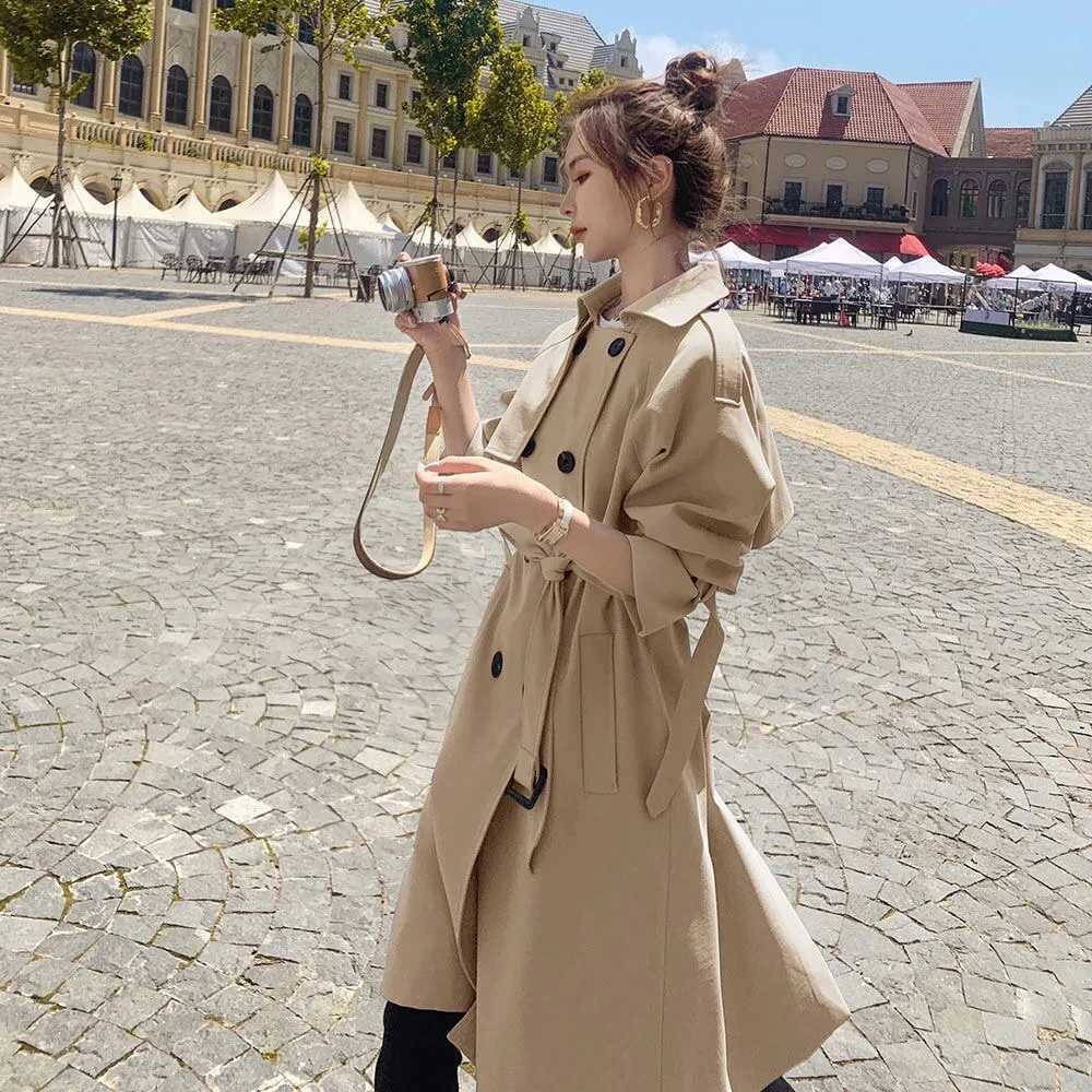 British Style Long Trench Coats Classic Double Breasted Windbreaker Elegant Womens Loose Overcoats Korean Fashion Blue GabardinaX240921