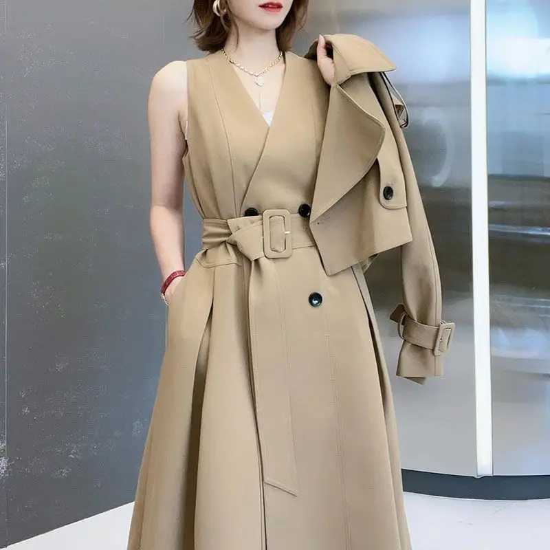 2023 New Two Piece Set Women Trench Coats Long Solid Casual Ladies Windbreaker Black Khaki Size Belt Lapel Clothing Fashion TopsX240921