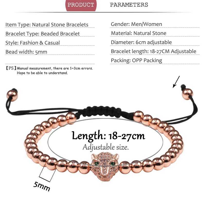 Men Bracelet Gold Color Leopard Head 5MM Pave Beads Braided Bracelets Bangles Handmade Armband Luxury Royal Women Jewelry GiftX240921