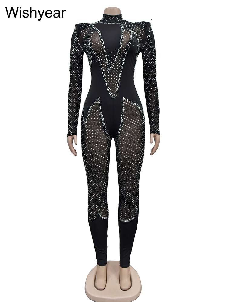 Year Rhies Sparkle Long Sleeve Skinny Mesh Black Jumpsuits Women's Birthday Sexy Night Club One Piece Rompers