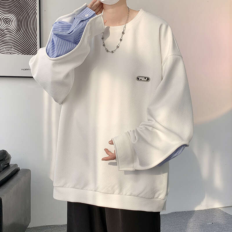 2024 Trendy Round Neck Label Hoodie Men's Spring Large Retro Striped Shirt Sleeve Splicing Top