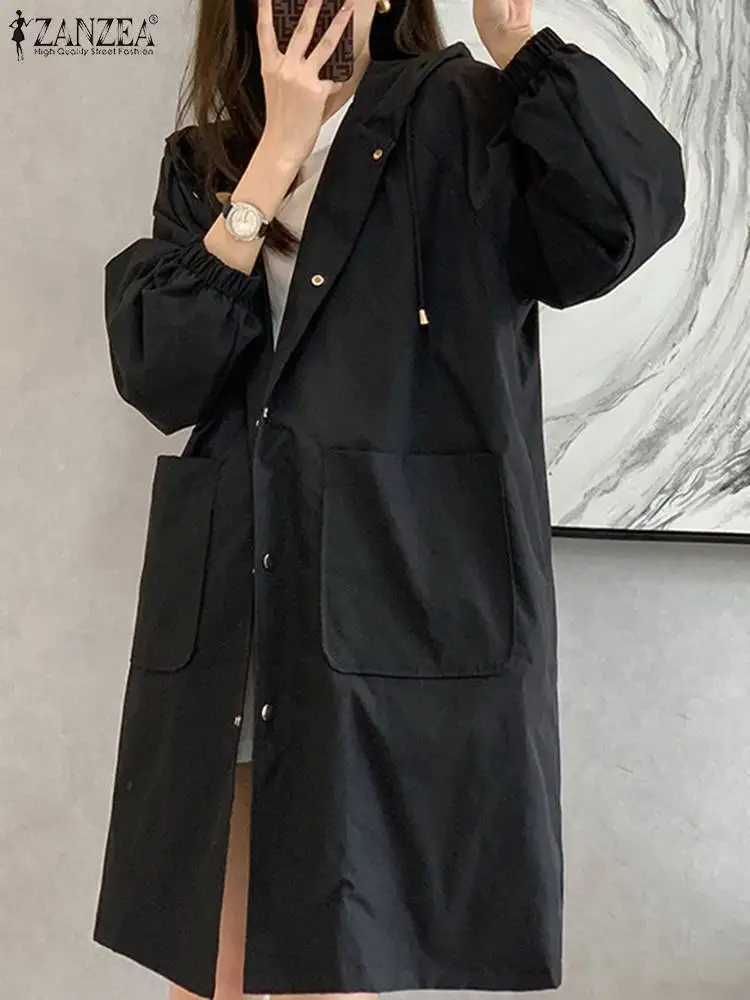 ZANZEA Fashion Women Windbreaker Spring Long Sleeve Hoodies Long Jackets Casual Loose Hooded Coats Holiday Buttons Down OutwearX240921