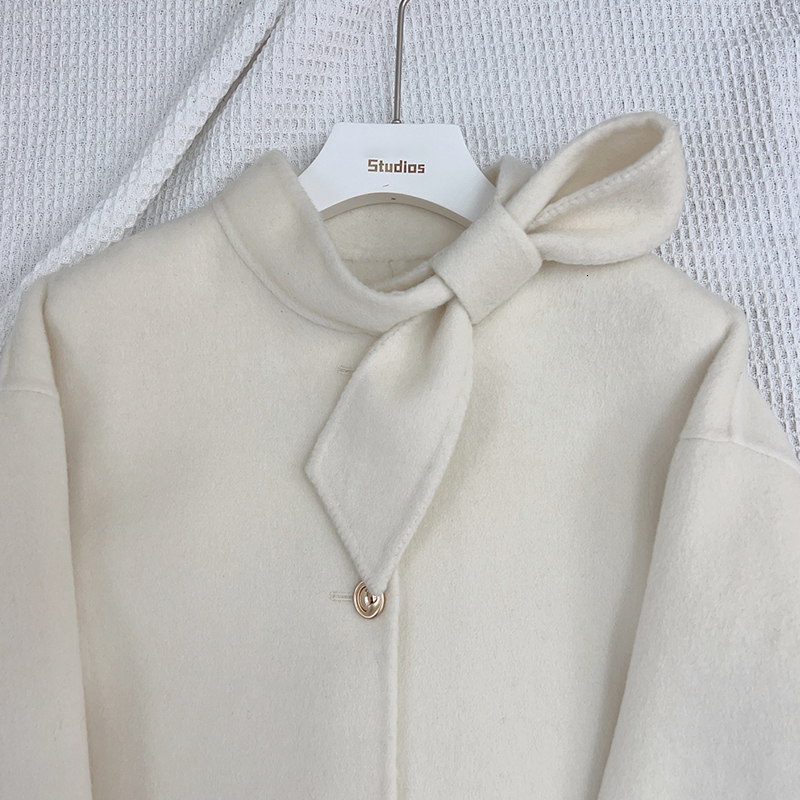 2024 New Winter Cashmere Wool Woolen Women Jacket Real Natural Fox Fur Cuff Ladies Outwear Female Coat