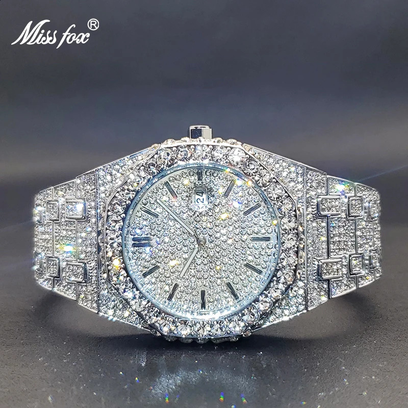 MISSFOX Iced Out Silver Color Diamond Mens Watch Calendar Waterproof Quartz Watches For Men High Quality Big Hand Clock 240909