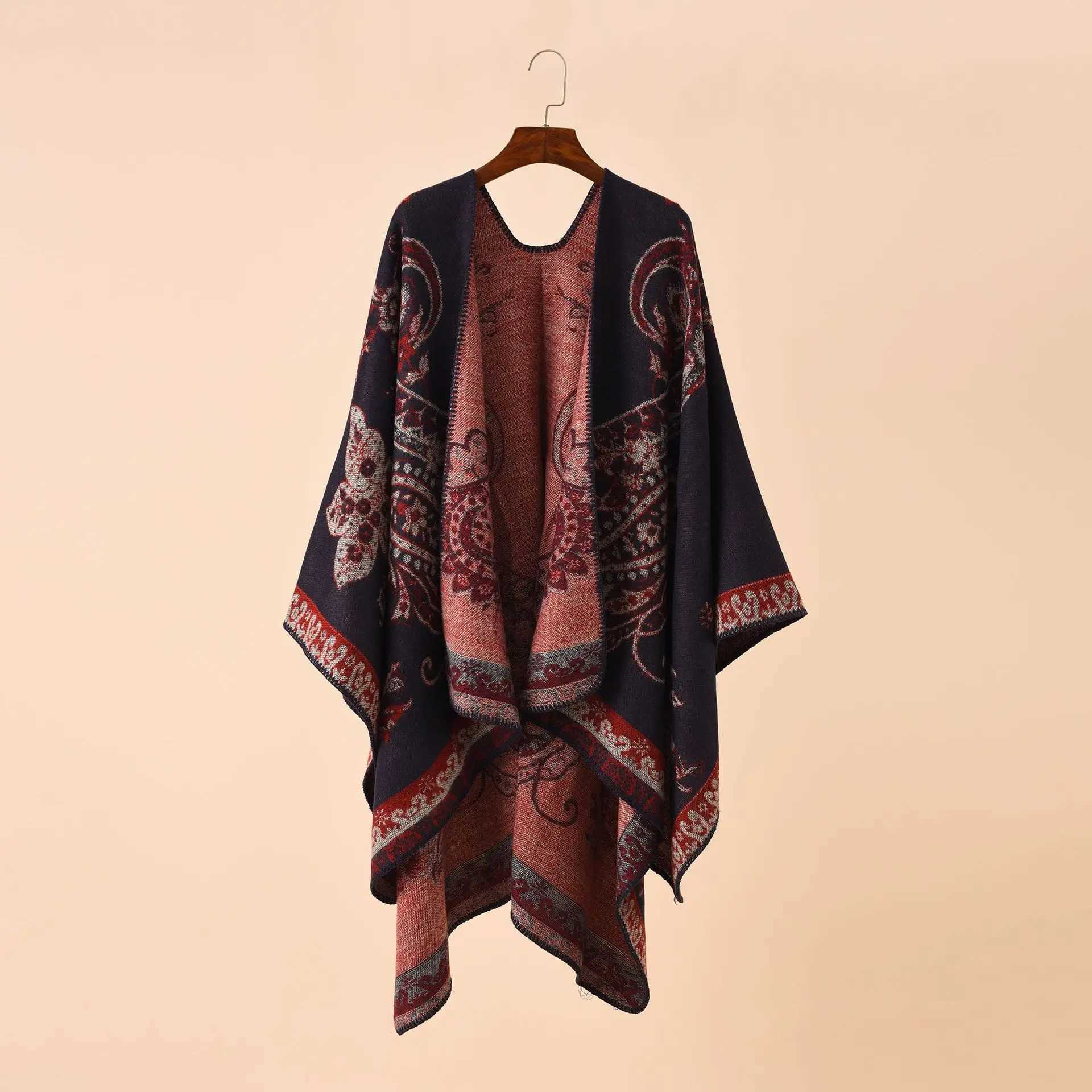 2022 Autumn and Winter New Street Geometric Grid Pattern Imitation Cashmere Warm Shawl Womens Raincoat Shawl Red W240921