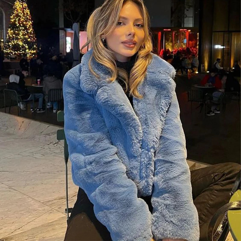 Blue Cropped Plush Coat Women Ins Chic Street Fashion Girls Winter 2023 New Trend Faux Rabbit Fur Jacket Coats Short Outwear