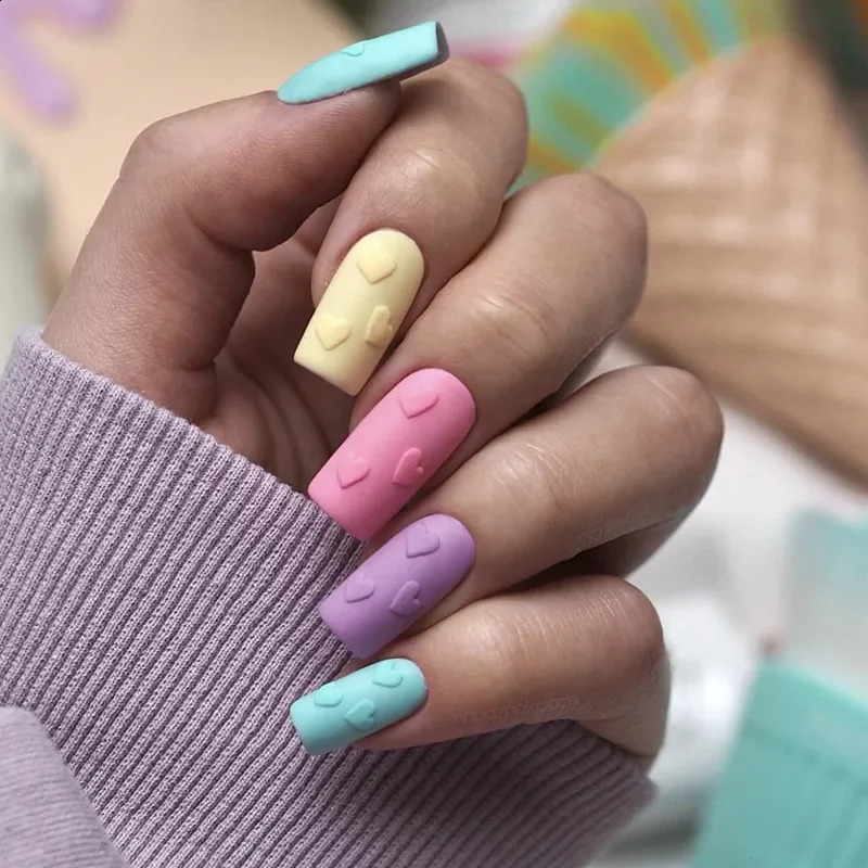 Heallor 24pcs French Detachable Fake Nails Short Square Colorful Love Stars False Nails Full Cover Nail Tips Fake Nails Press on 240914