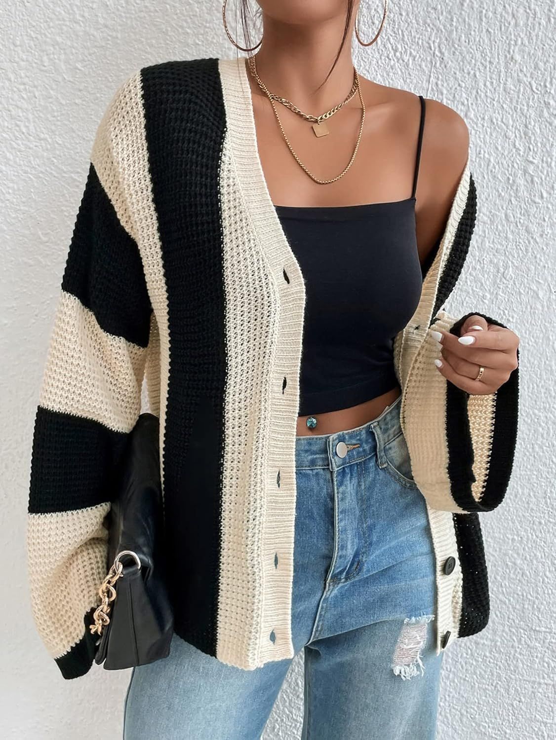 European and American fashion new autumn and winter women's clothing striped contrasting trumpet sleeve knitted cardigan loose sweater jacket