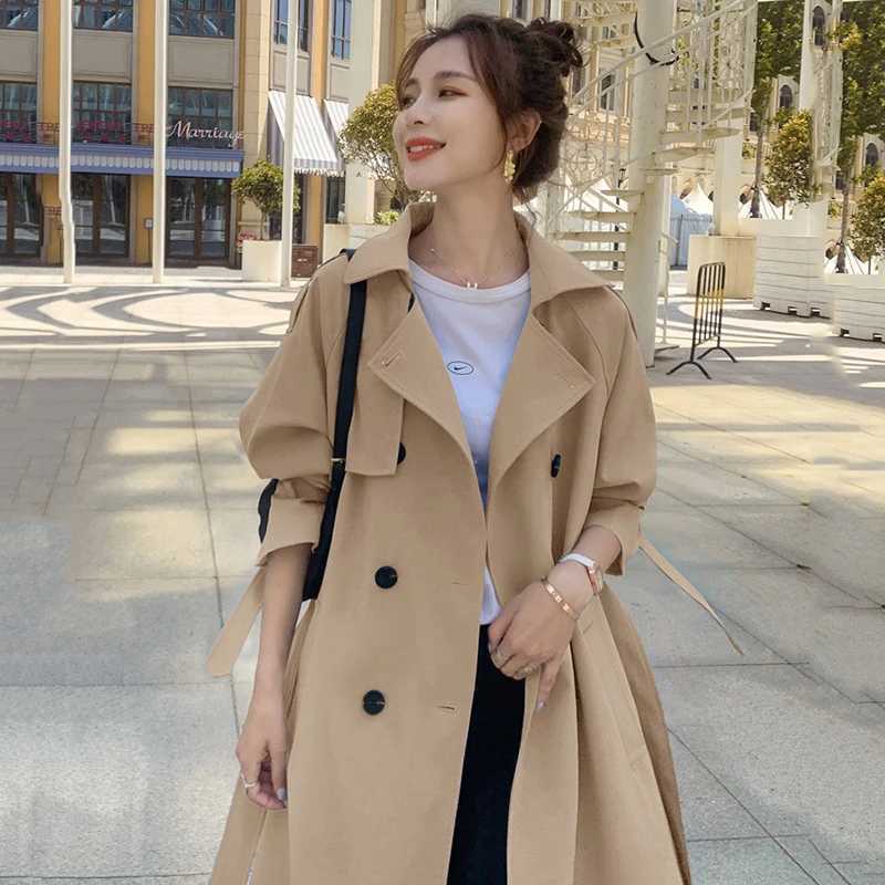 British Style Long Trench Coats Classic Double Breasted Windbreaker Elegant Womens Loose Overcoats Korean Fashion Blue GabardinaX240921