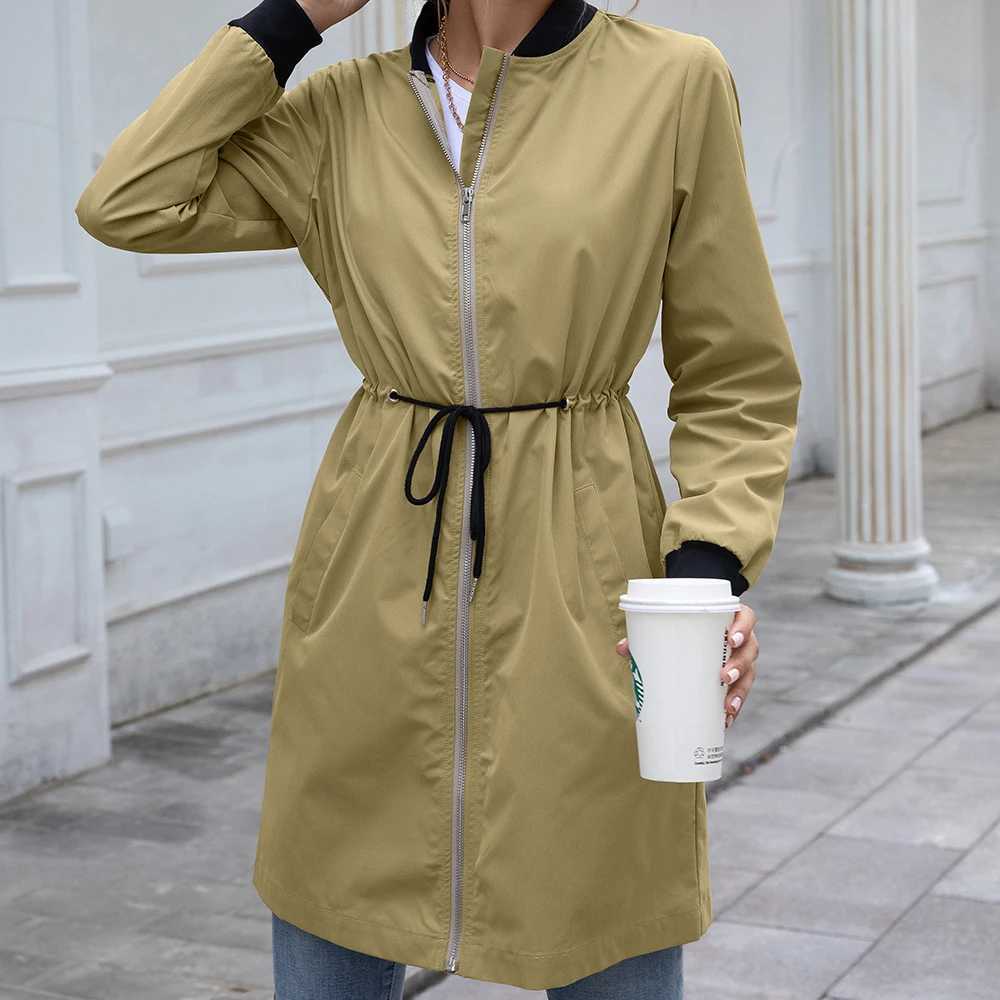 Women Outdoor Dust Coat Streetwear Slant Pocket Drawstring Waterproof Mid-length Trench Autumn Long Sleeve Stand Collar CardiganX240921