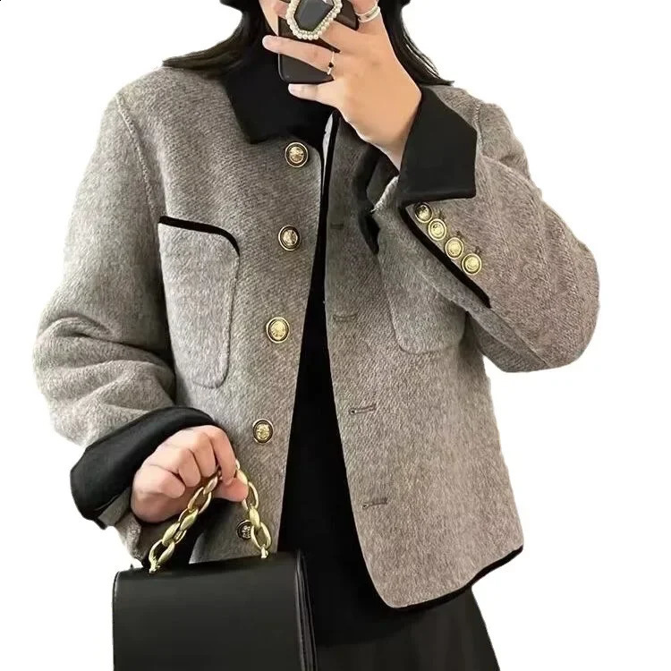 Womens Korean Style Color Block Tweed Short Coat - Stylish Wool Overcoat for Spring Autumn