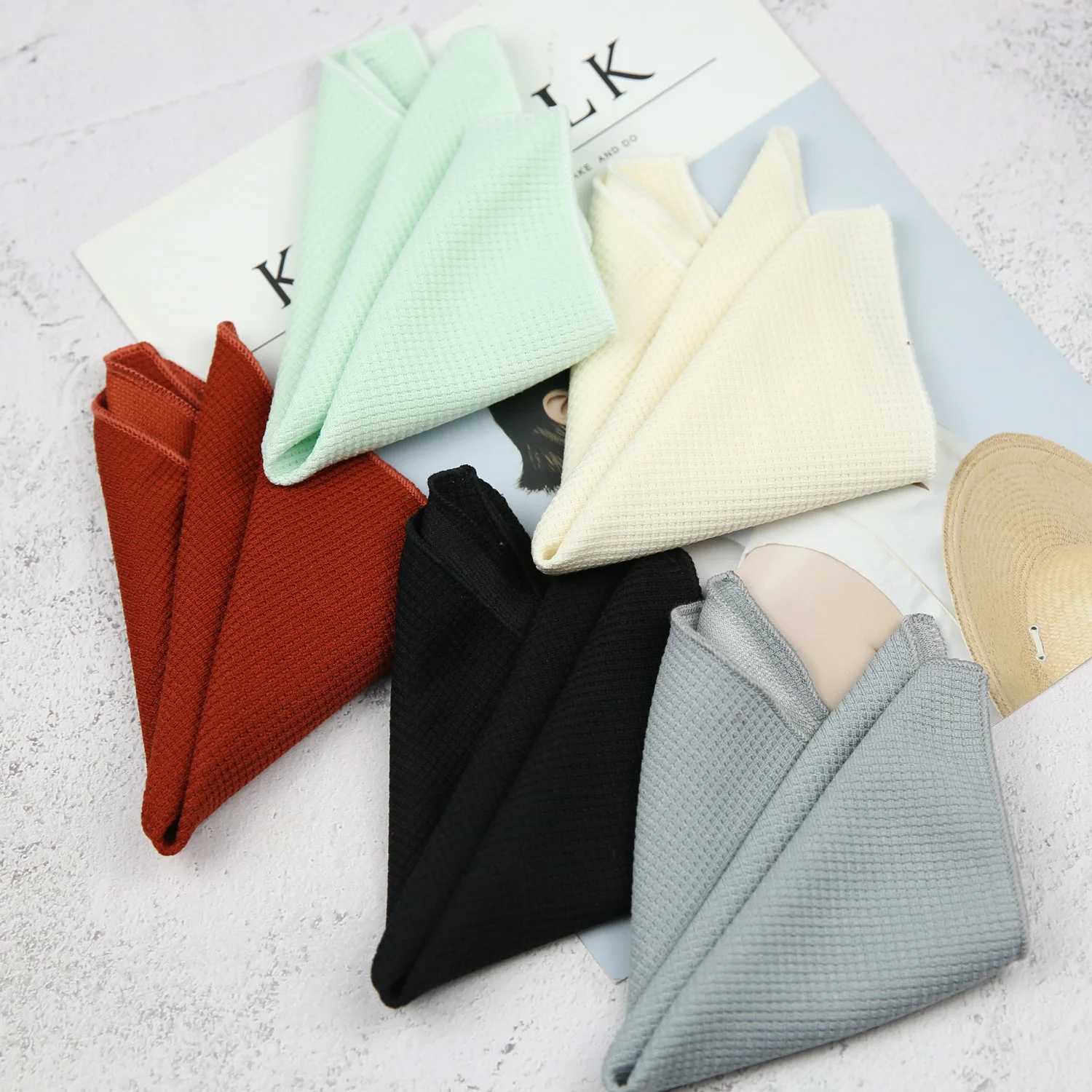 23cm New Plaid Solid White Pocket Square Knitted Cotton Handkerchief Soft Casual Scarf Business Mens Suit Accessories HankyX240921