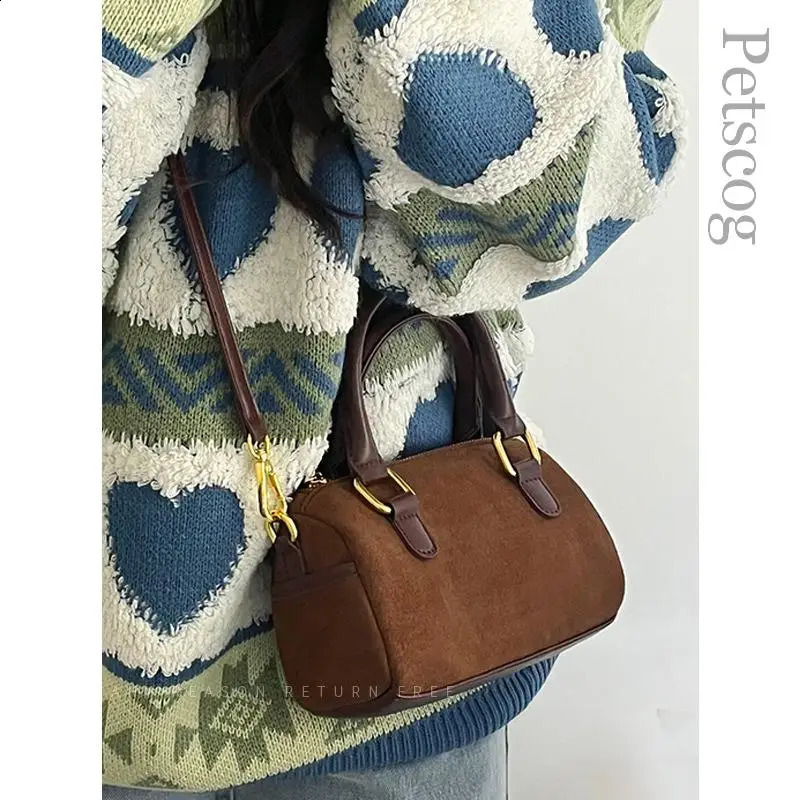 Vintage Womens Handbag Suede Leather Zipper Box Shape Top-handle Crossbody Clutch Purse Female Fashion Shoulder Bags 240918