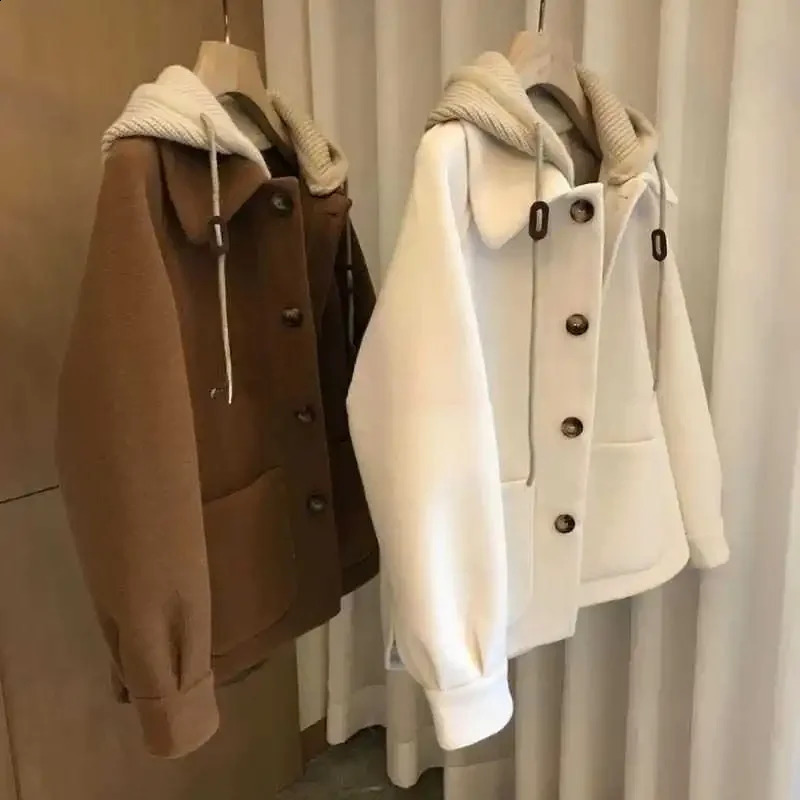Womens Hooded Woolen Coat Autumn Winter Female Plus Size Fat MM Short Jacket Thickened High-grade Woolen Overcoat 240909