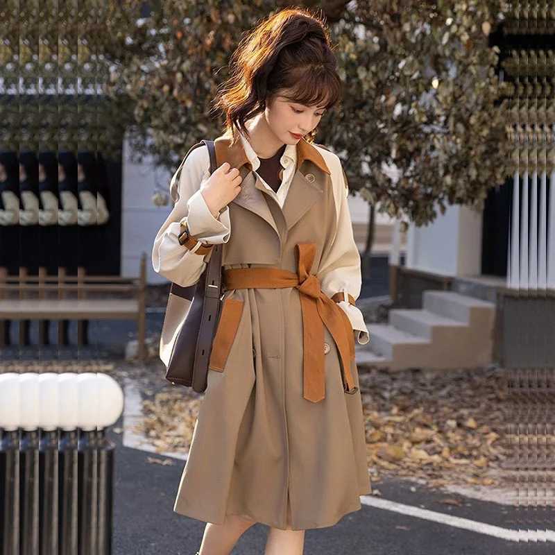 Mid-length Khaki Trench Coat With Belt Contrast Color Splicing Lapel Long Sleeve Casual Double-breasted Spring Women WindbreakerX240921