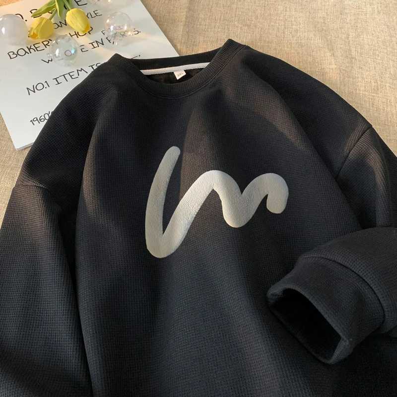 Korean mens sportswear comfortable waffle fabric staff collar sweatshirt wave print casual loose sports shoulder strap hooded sweatshirt W240921