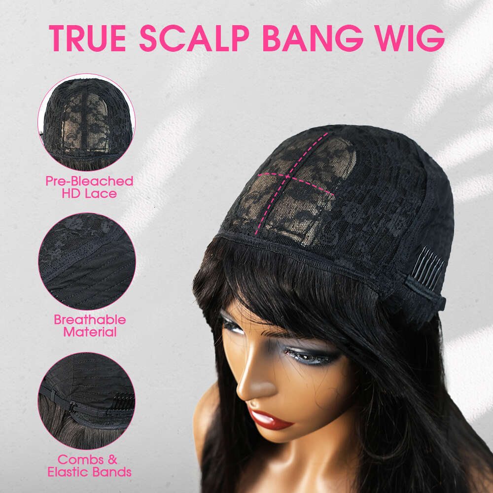 Fake 100% Human Hair Wig With Bangs For Women Cheap Brazilian Realistic Scalp Straight Lace Front Bob Fringe Wigs 30Inch