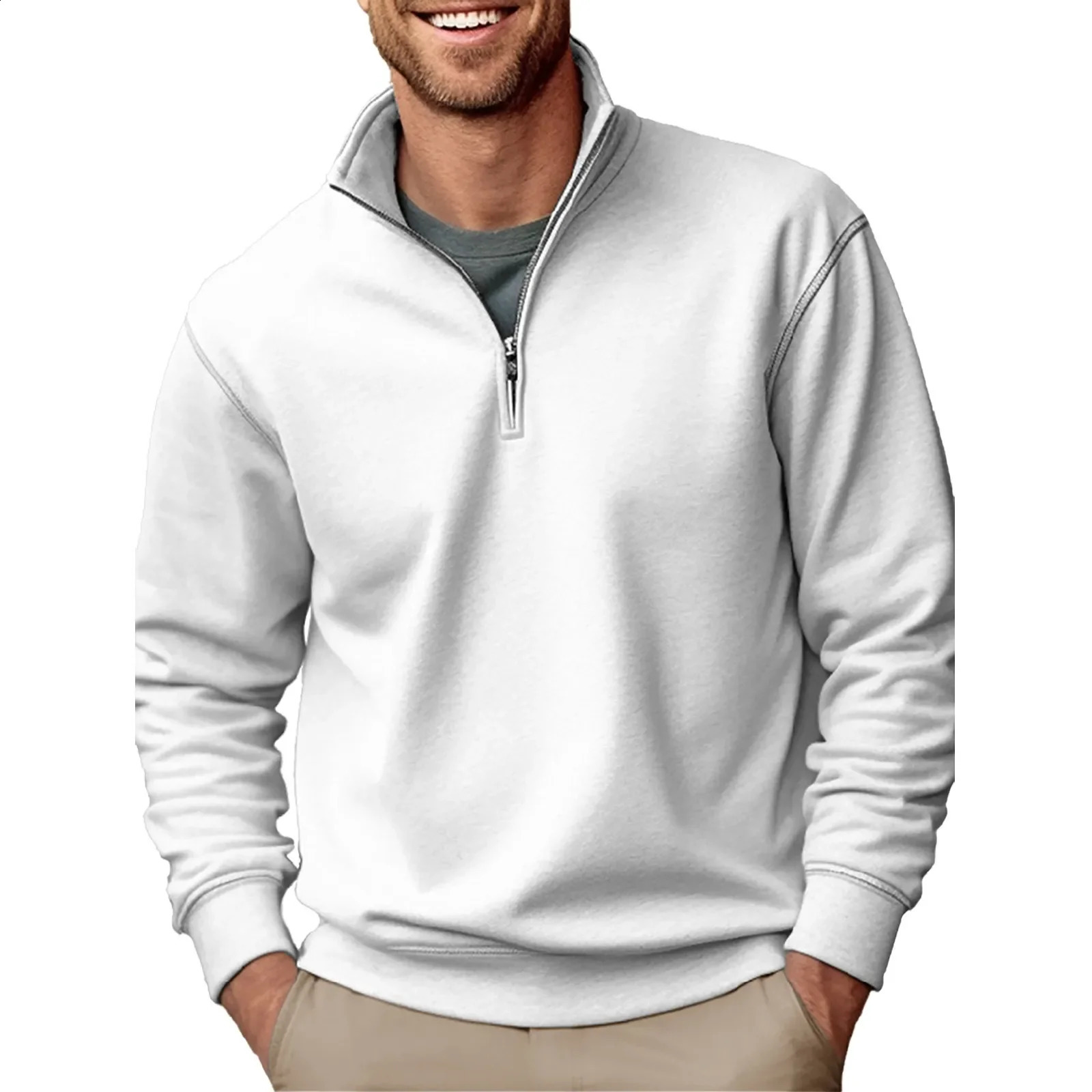 Wool Thickened Mens Solid Sweatshirt Casual Half Zipper Vertical Neck Hoodie Autumn Loose Sports 240911