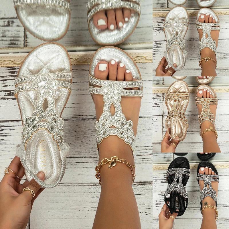 2025 S Fashion Designer Sandals For Women Comfort With Elastic Ankle Strap Casual Bohemian Beach Shoes Crystal Ral Open Toe