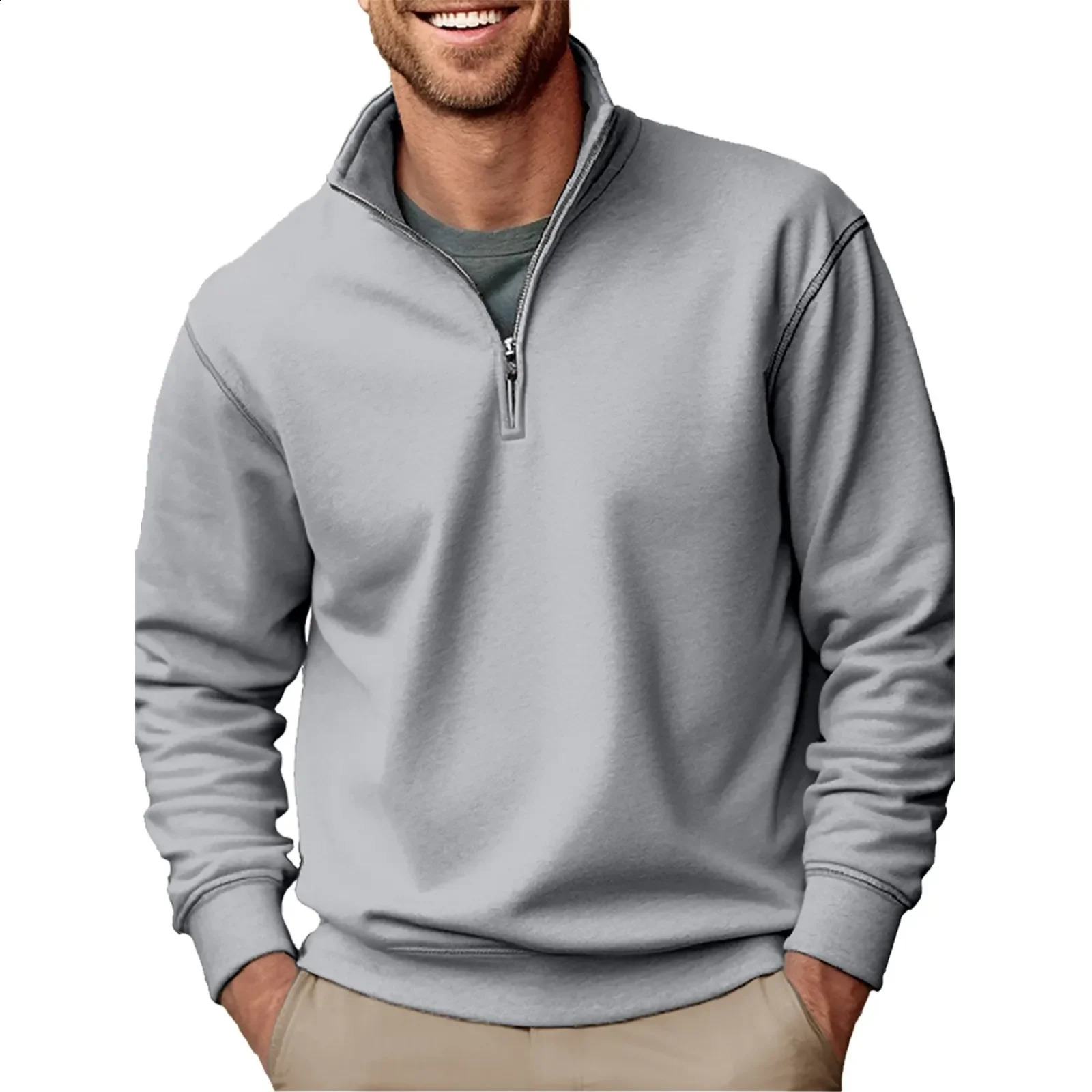 Wool Thickened Mens Solid Sweatshirt Casual Half Zipper Vertical Neck Hoodie Autumn Loose Sports 240911