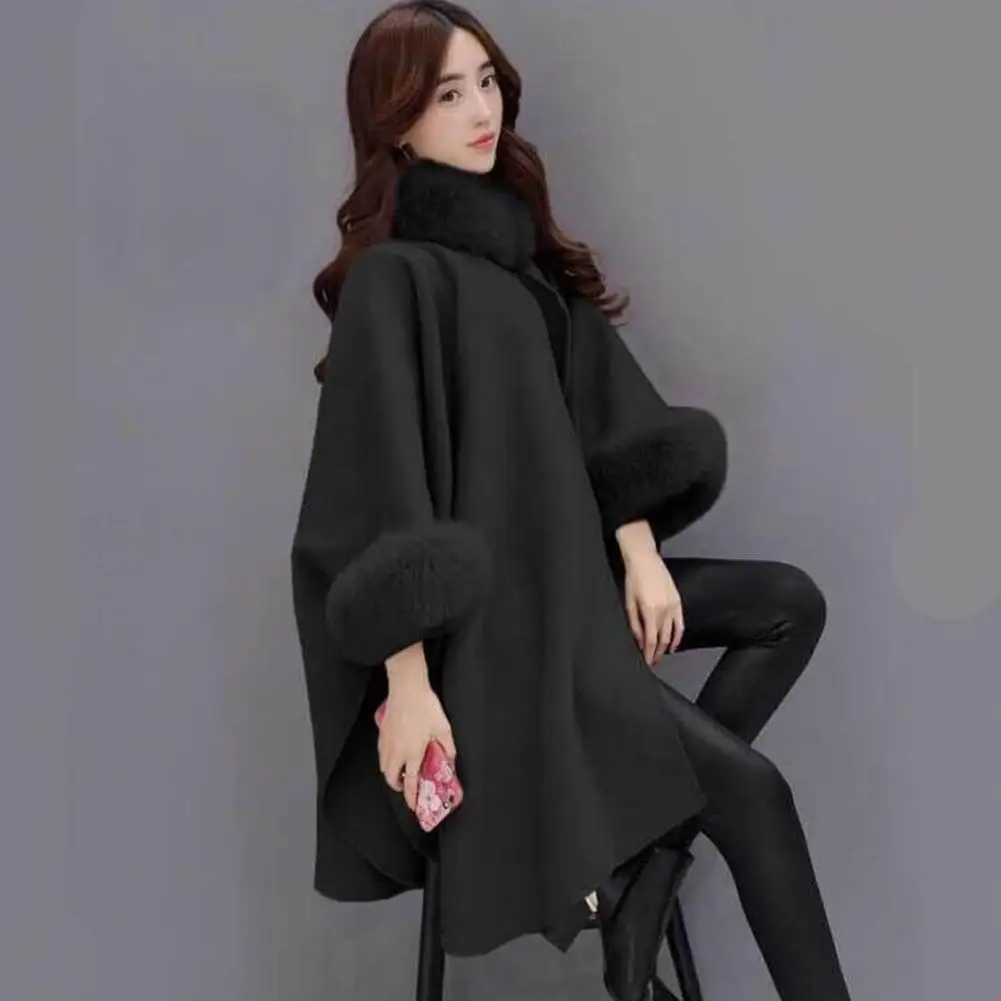 Womens Cape Town coat solid color faux fur collar autumn warm loose medium length raincoat jacket suitable for daily wear Bohemian shawl W240921